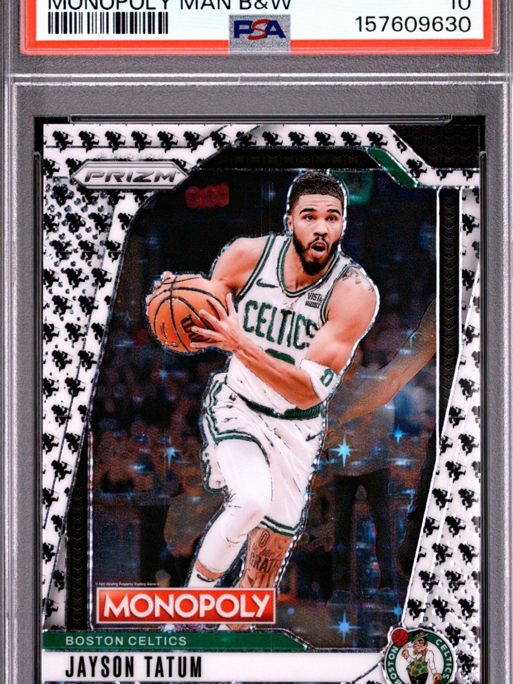 Panini Prizm Monopoly 2024 Jayson Tatum #16 Monopoly Man B&W Prizm PSA 10